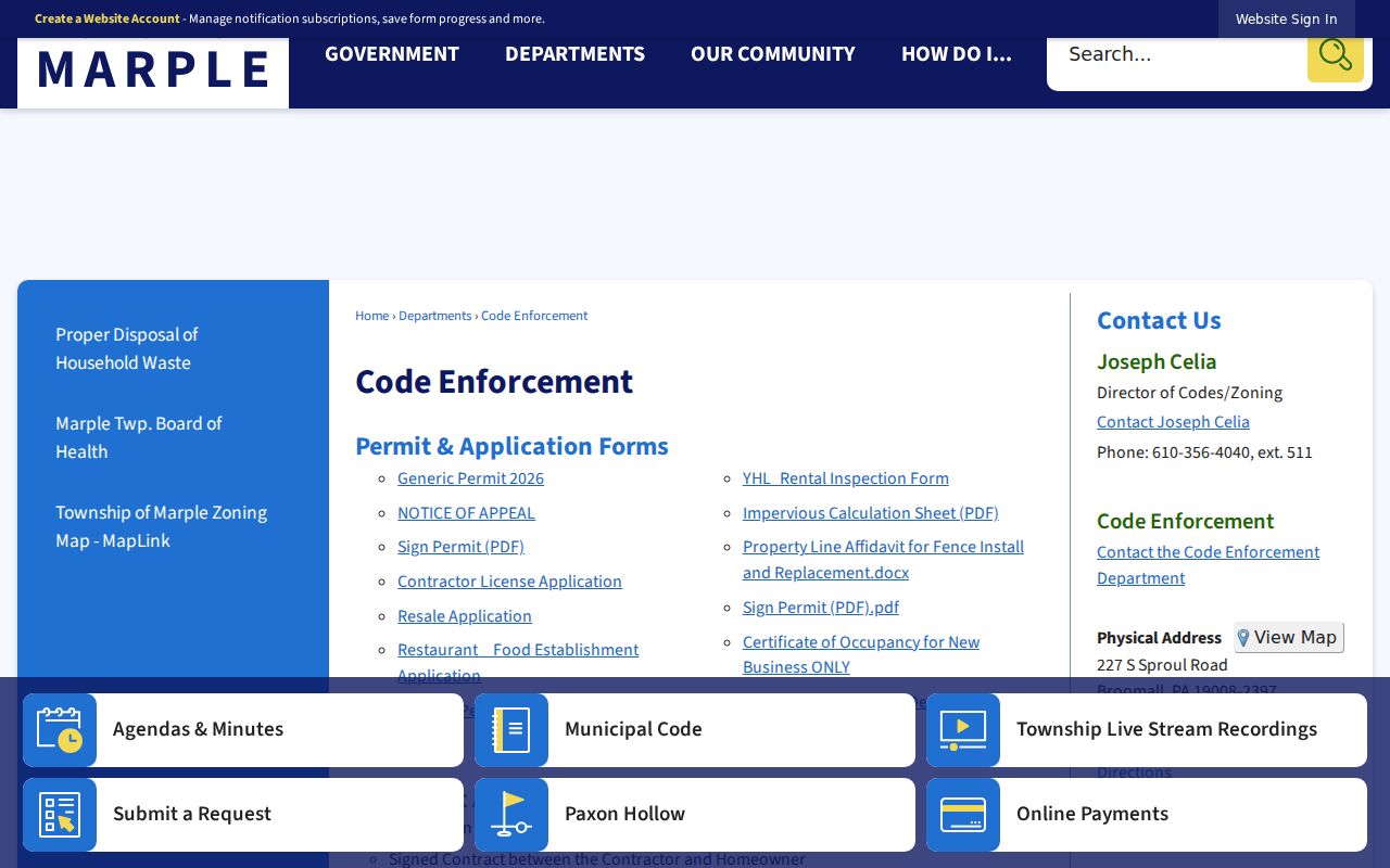 Marple Township street directory Code Enforcement permit forms